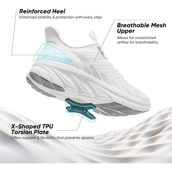 Women's White Slip-On Walking Shoes Comfy Breathable Non-Slip Gym Sneakers - Picture 4 of 8